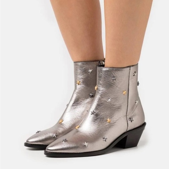 NIB Zadig & Voltaire Tyler Vintage Metallic Silver Star Ankle Boots Leather 41 - Picture 1 of 16